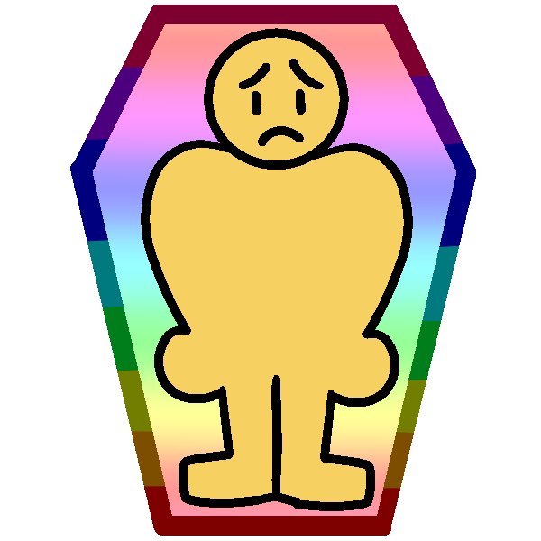 An upset yellow person in a rainbow coffin. 